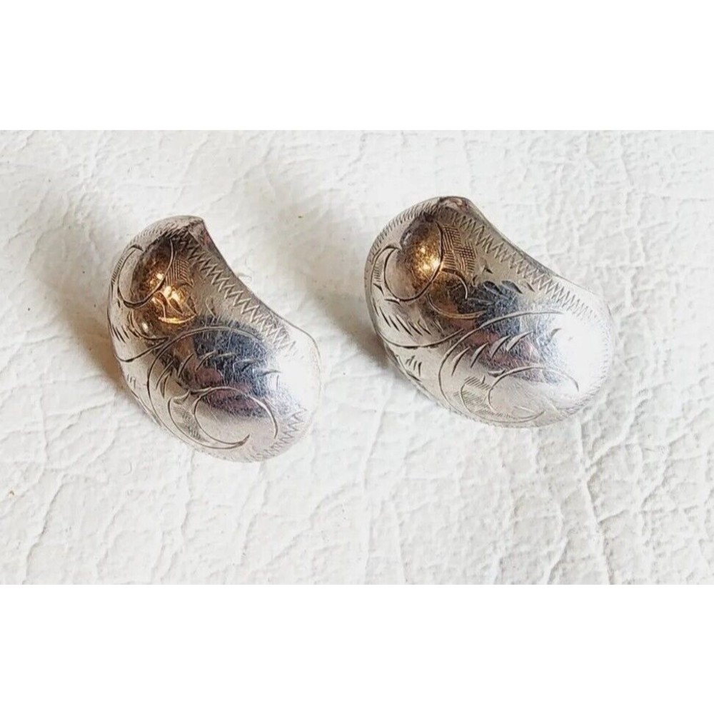 Vintage Sterling Silver 925 Ornate Etched Chunky Pierced  Earrings - Picture 2 of 8